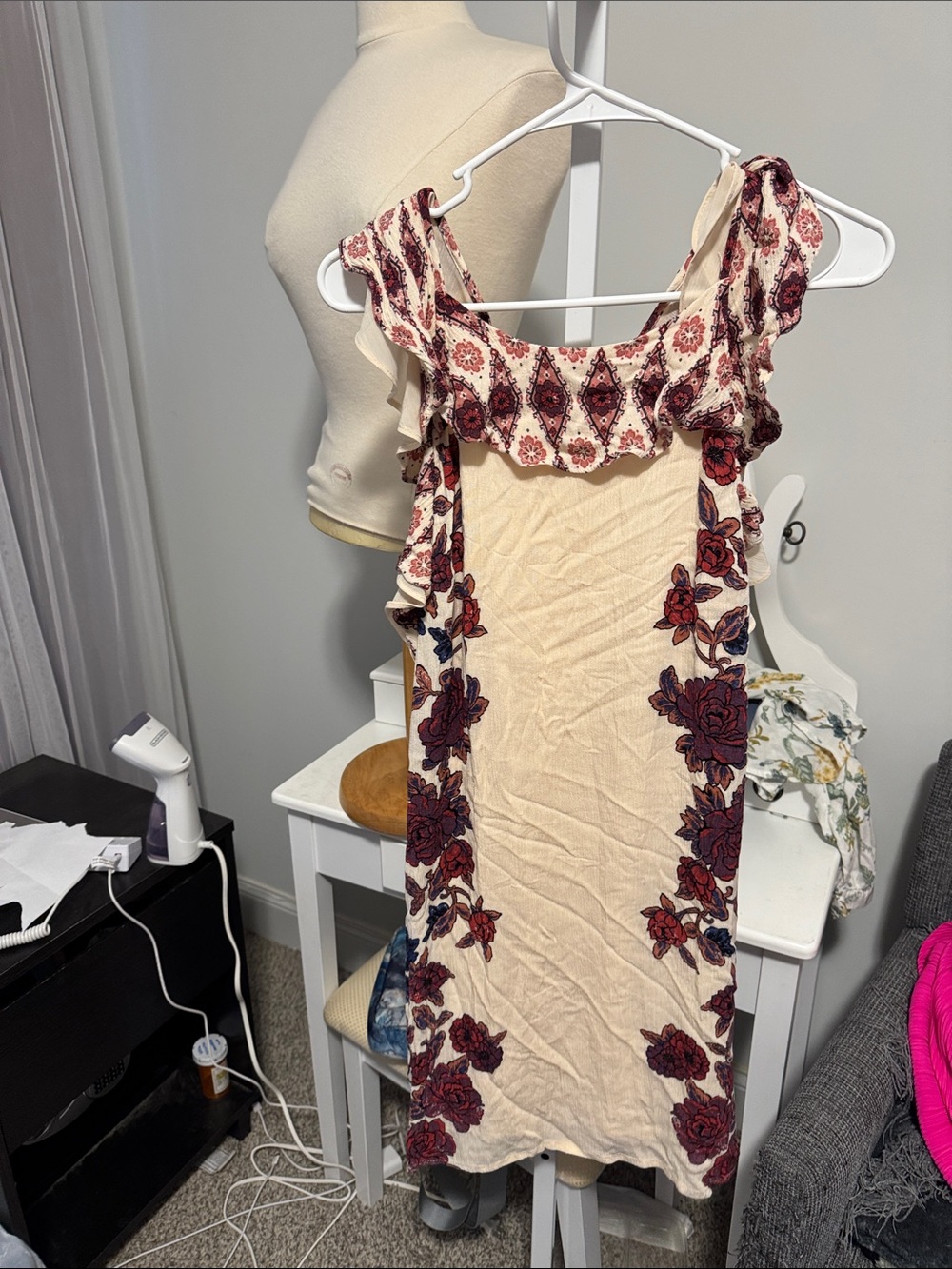 Xhilaration Cream Midi Dress with Burgundy Floral Embroidery